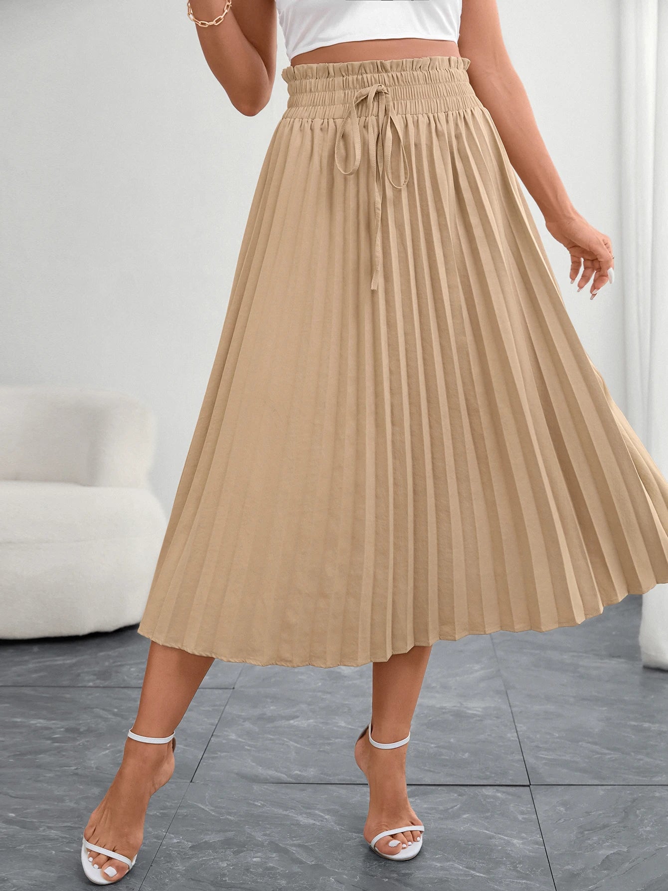 Women's Beige Pleated Midi Skirt Elegant a Line Half Skirt with Elastic Waistband Perfect for Office Wear