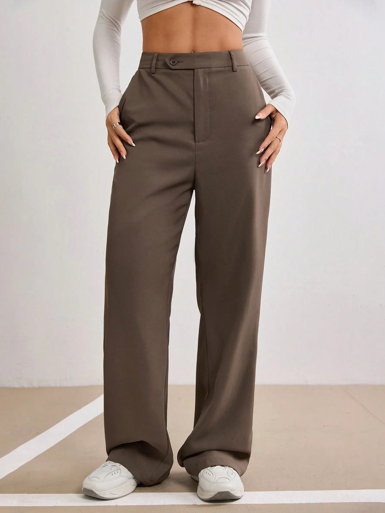 Women Brown Straight Leg Pants High Waist Wide Leg Button Fly Spring Summer Casual Commuting Office Streetwear Fashion Trousers