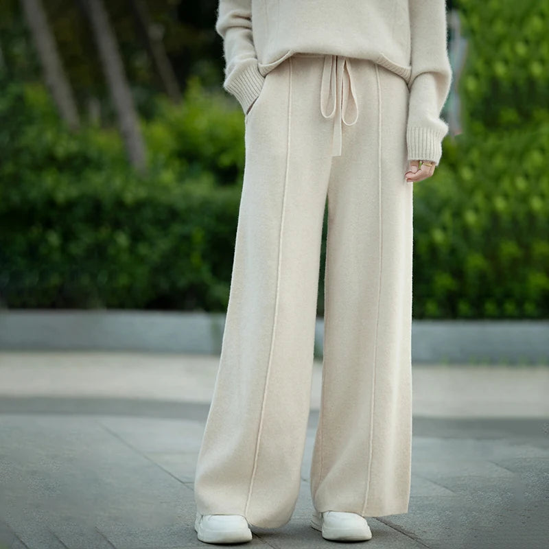 Women's 100% Pure Wool Knitted Casual Center With Pockets Wide Leg Pants for Wearing Outside Jogging Pants Women's Clothing