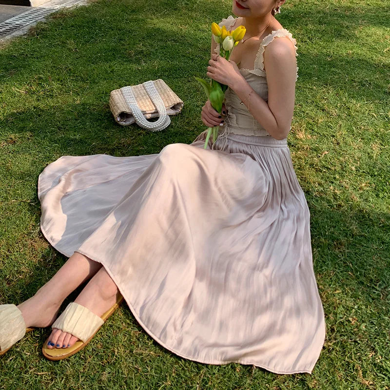 Summer Silky Skirt Elastic High Waist Glossy Silky Long Skirt Milk Silk A-line Long Skirts Women Beach Pearlescent Dress