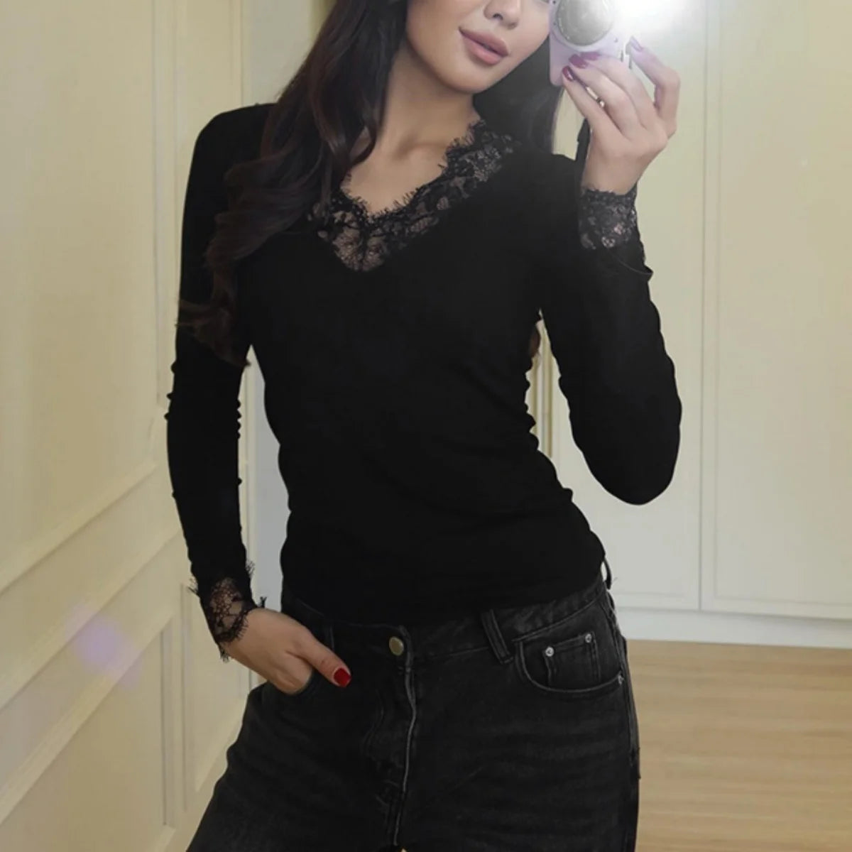 Women Solid Lace Splicing Tee Soft Slim V Neck Sexy Long Sleeve T-shirts Commuting Fashionable Casual Spring Autumn Simple Tops